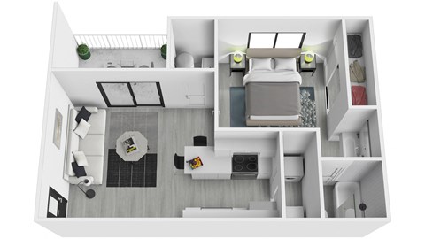 A top down view of a modern apartment with a kitchen, living room, and bathroom.
